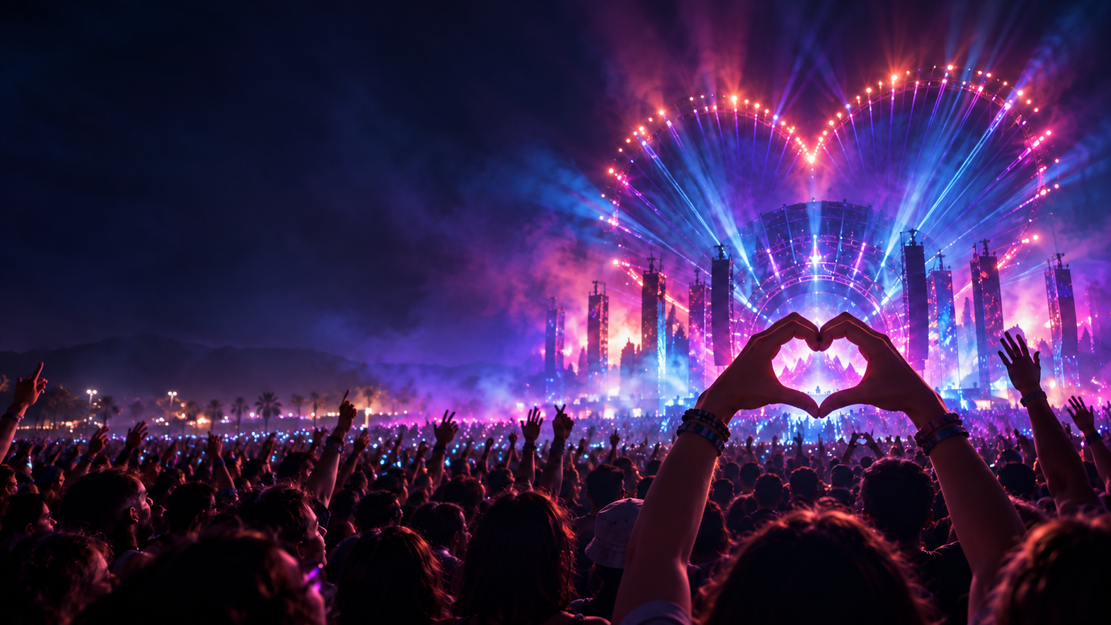Crowd beneath colorful lights at an electronic music festival